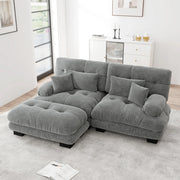 Divano modulare angolare in ciniglia con braccioli arrotondati, cuscini lombari e pouf per soggiorno, grigio