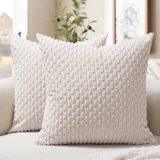 Set di cuscini 60 x 60 cm - Confezione da 2 - Beige/bianco velluto a righe - Soffice/peluche - Decorazione per soggiorno - Adatto per divano/seggiolone - Coperture per cuscini