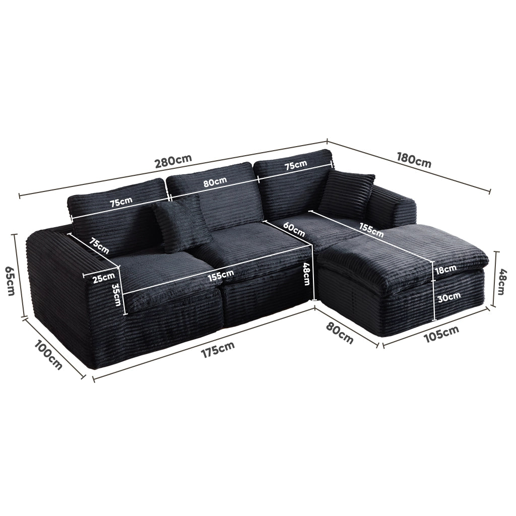 Divano modulare 280x180x65 cm configurabile 3 in 1; schiuma e molle; nero e blu