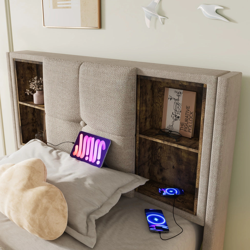 Letto singolo imbottito 90x200 cm in lino naturale con ricarica wireless; USB e contenitore
