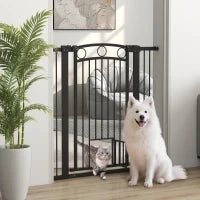 Cancello per Animali Alto 106 cm con Larghezza Regolabile, Porta per Gatti Integrata, Nero