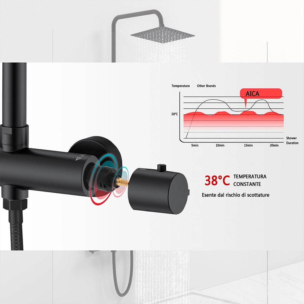 AICAIT Colonna doccia rotonda con soffione quadrato 20x20cm in acciaio inox nero, sistema doccia a 38℃ antiscottature