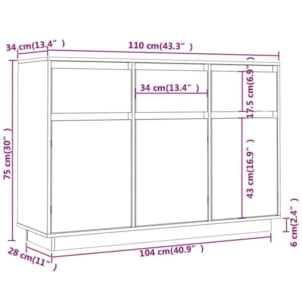 Buffet credenza cassettiera armadio mobile contenitore organizer per cucina soggiorno salotto 110 x 34 x 75 cm legno massello di pino marrone 02_0029515