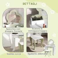 Set Toeletta per Bambina con Specchio Trucco e Sgabello Abbinato in Legno, Cassetto e Contenitori, Bianco