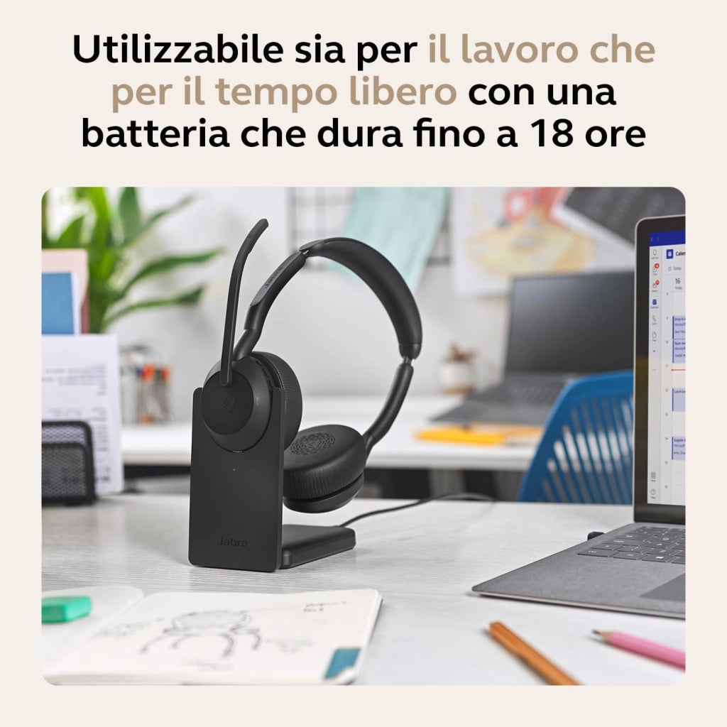 Jabra Evolve2 55 Cuffie Wireless Stereo con base di ricarica, USB-A dongle, Tutte le piattaforme, Stereo, Supporto incluso