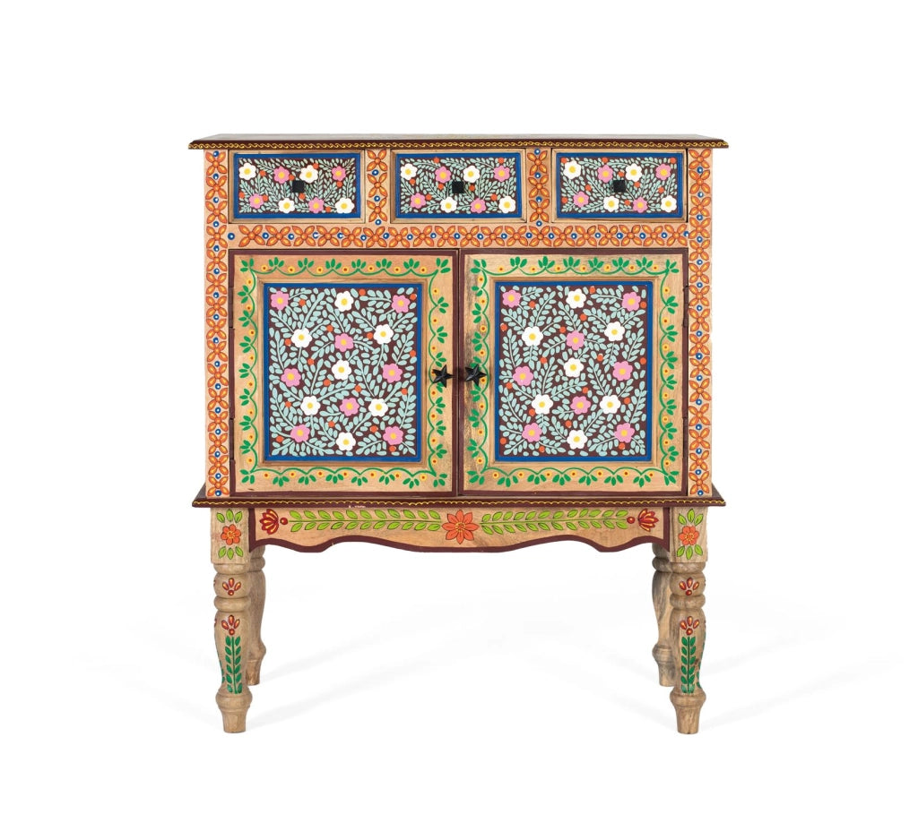 Consolle in legno di mango con porta decorata a mano