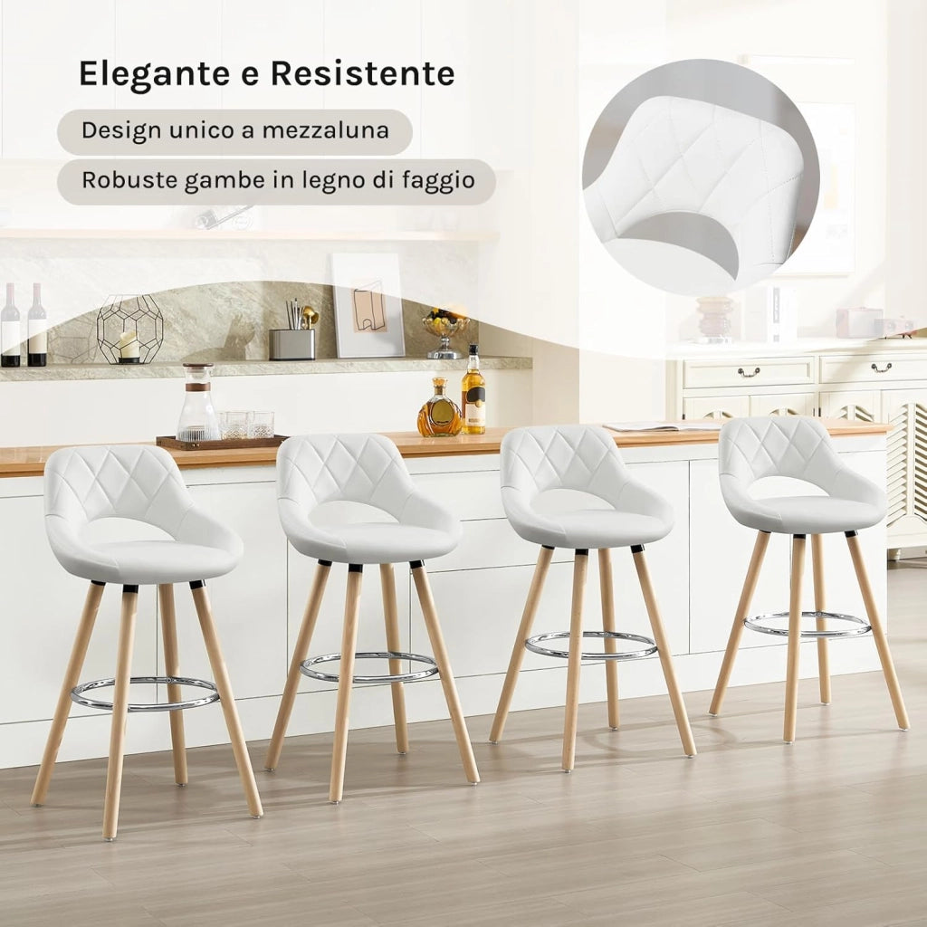 Sgabelli da Cucina Set di 2, Sgabello da Bar per Colazione, Sgabelli Alti con Poggiapiedi e Schienale, Sedile in Pelle Sintetica+Gambe in Legno, Bianco, BH111ws-2
