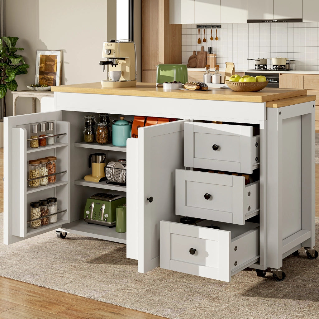 ISOLA CUCINA ESTENSIBILE 116-179,5 cm CON 3 CASSETTI BIANCA SU RUOTE