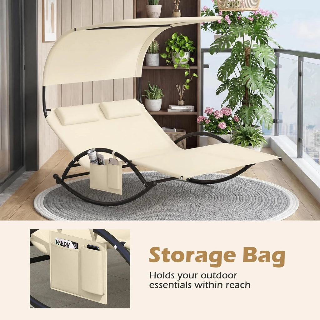 Poltrona a Dondolo Doppia, Lettino a Dondolo con Tettoia, Cuscini Poggiatesta, Braccioli e Struttura in Metallo, Lettino a Dondolo per Patio, Cortile, Bordo Piscina (Beige)