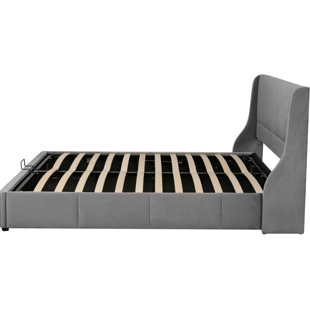 Letto imbottito 180x200 cm con contenitore grigio e meccanismo idraulico