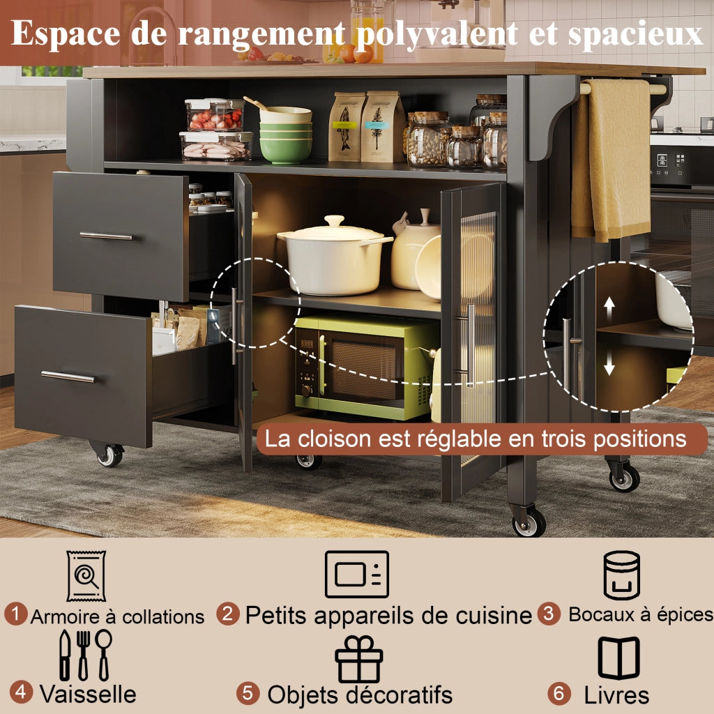 Carrello da Cucina con 2 Cassetti; Anta in Vetro; LED; Portasciugamani e Ruote per Cucina 139×40×94 cm