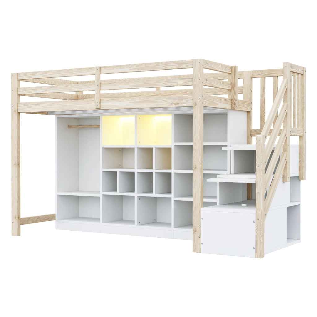 Hochbett 90 x 200 cm con spazio contenitore, libreria integrata, armadio e LED