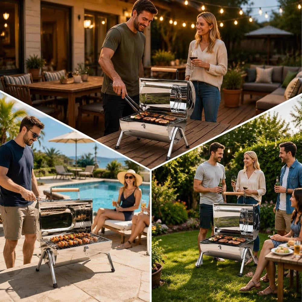 Portable Tabletop Charcoal Grill, Stainless Steel, Double Grate