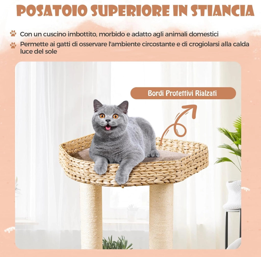 Tiragraffi 131cm, Albero per Gatti con Posti per Graffiare in Sisal, Cuccia di Velluto a Coste, Condo, Pallina Pendente e Cuscini Lavabili, Mobili per Animali Domestici, Caffè e Naturale