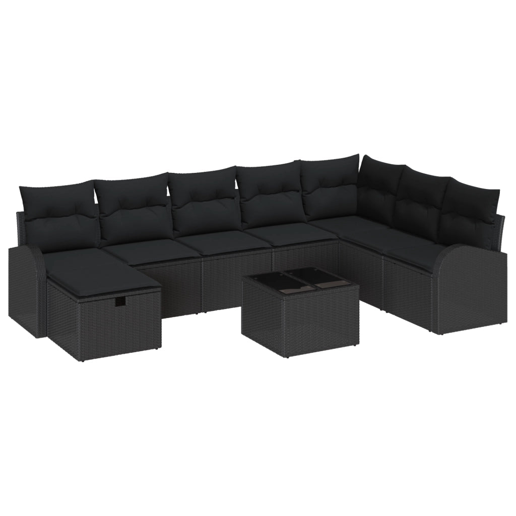 Set divani da giardino da 9 pezzi con cuscini neri in rattan sintetico