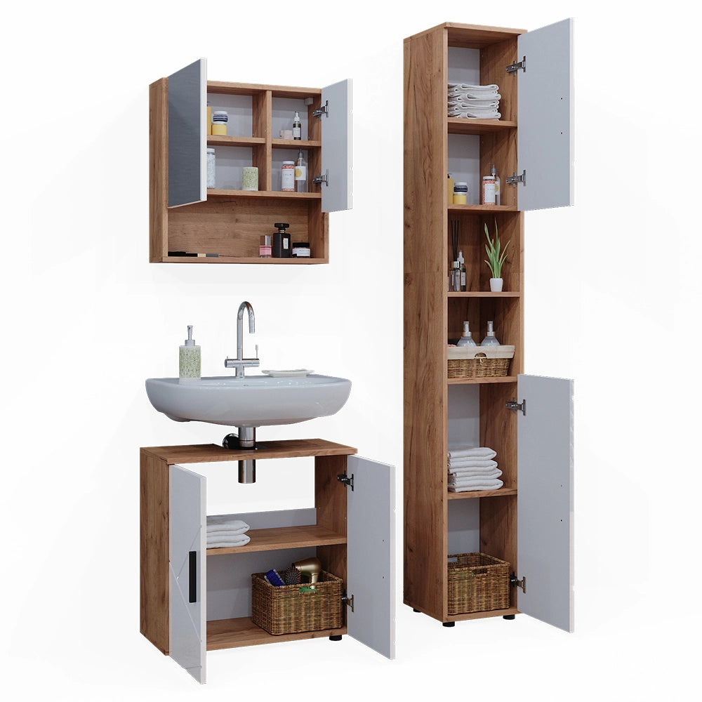Vicco Set di mobili da bagno Bianco lucido/oro power oak 3 parti, con colonna
