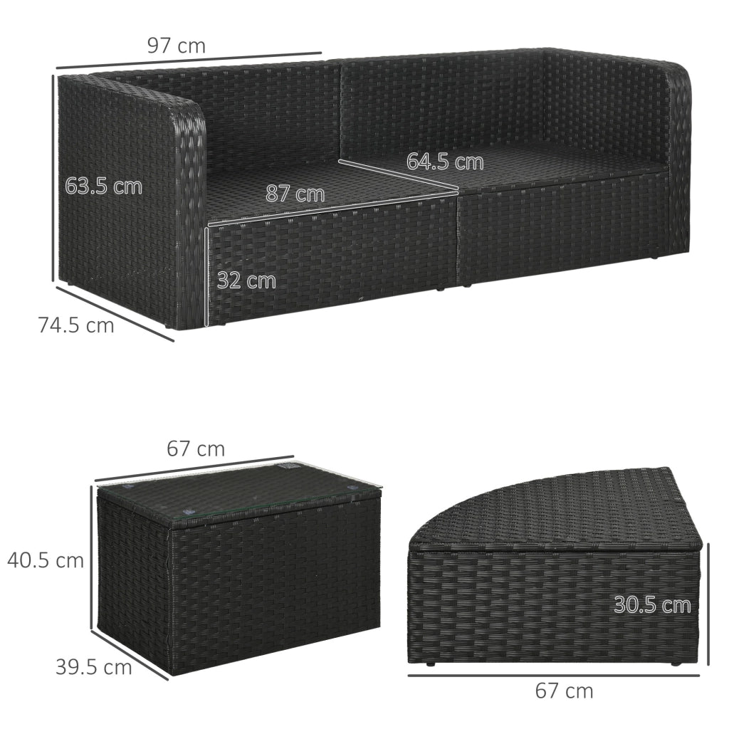 EasyComfort Salotto da Giardino con 2 Poltrone e 2 Poggiapiedi in Rattan PE, Tavolino in Vetro, Nero