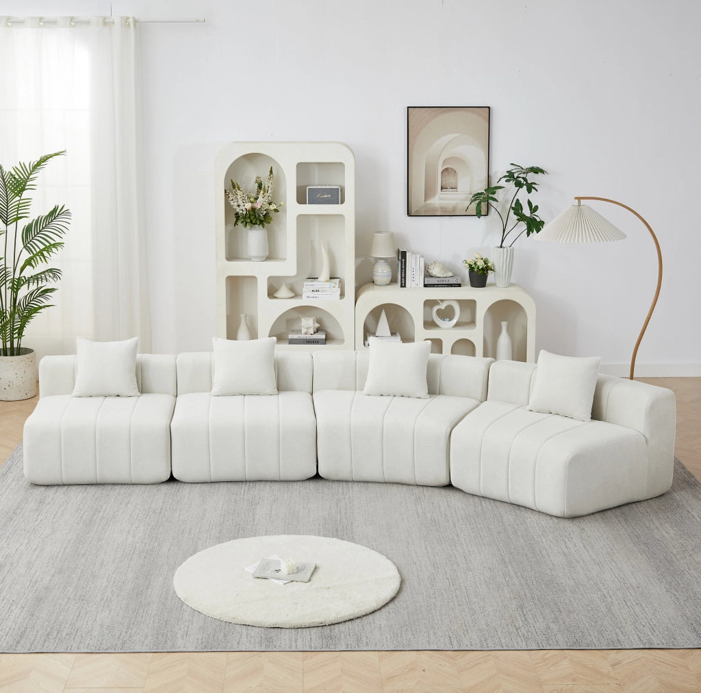 DIVANO Modulare Curvo in Chenille Beige con 2 Cuscini