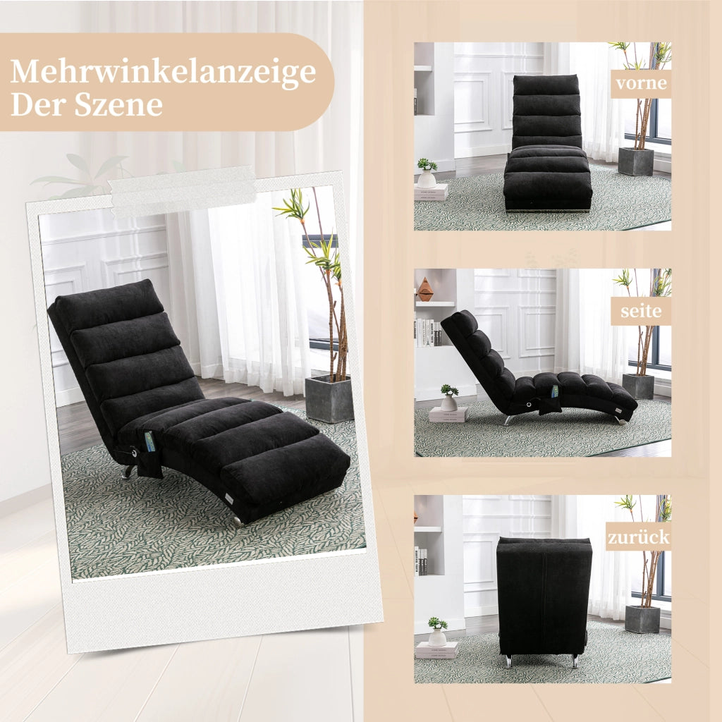 Chaise Longue Massaggiante Fissa con Vibrazione Delicata e Tasca Laterale; Schienale Ergonomico 140° in Lino Nero