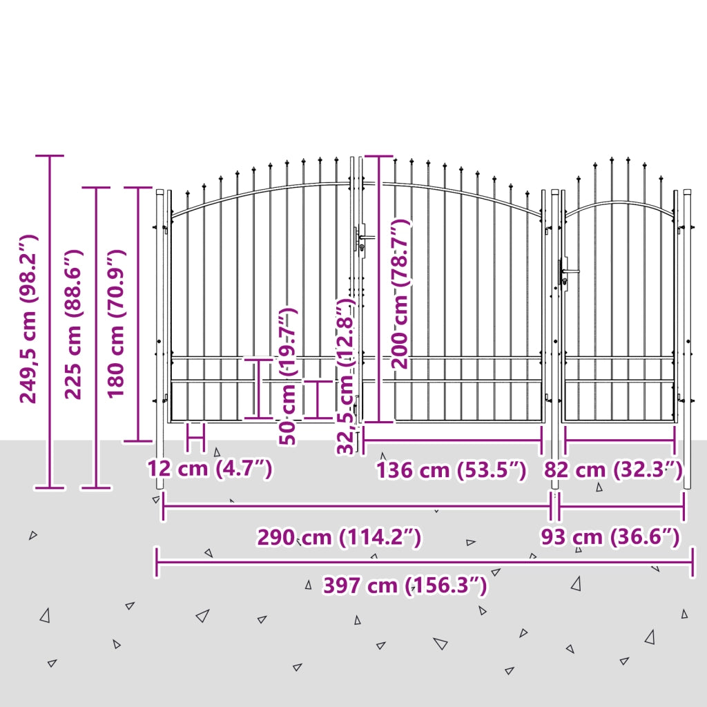 Cancello da giardino con punta a lancia grigio 195x400 cm in acciaio