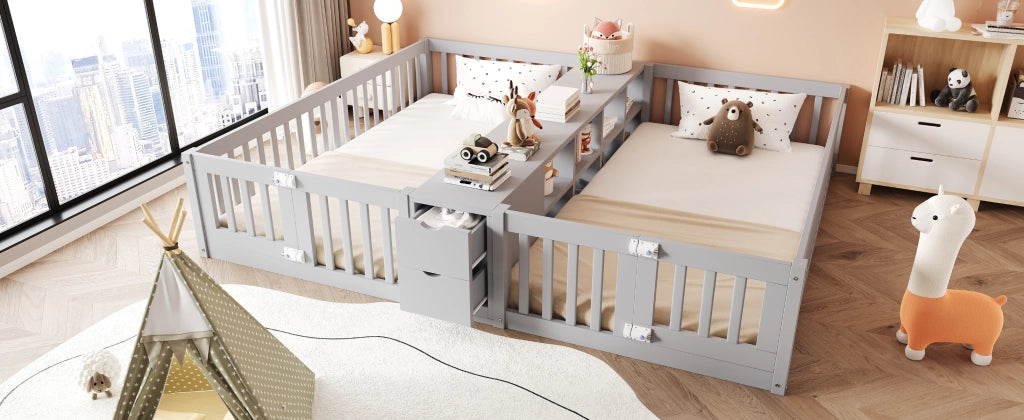 Letto combinato per bambini 90 × 200 cm con ripiano centrale e 2 cassetti, senza materasso, in legno, grigio