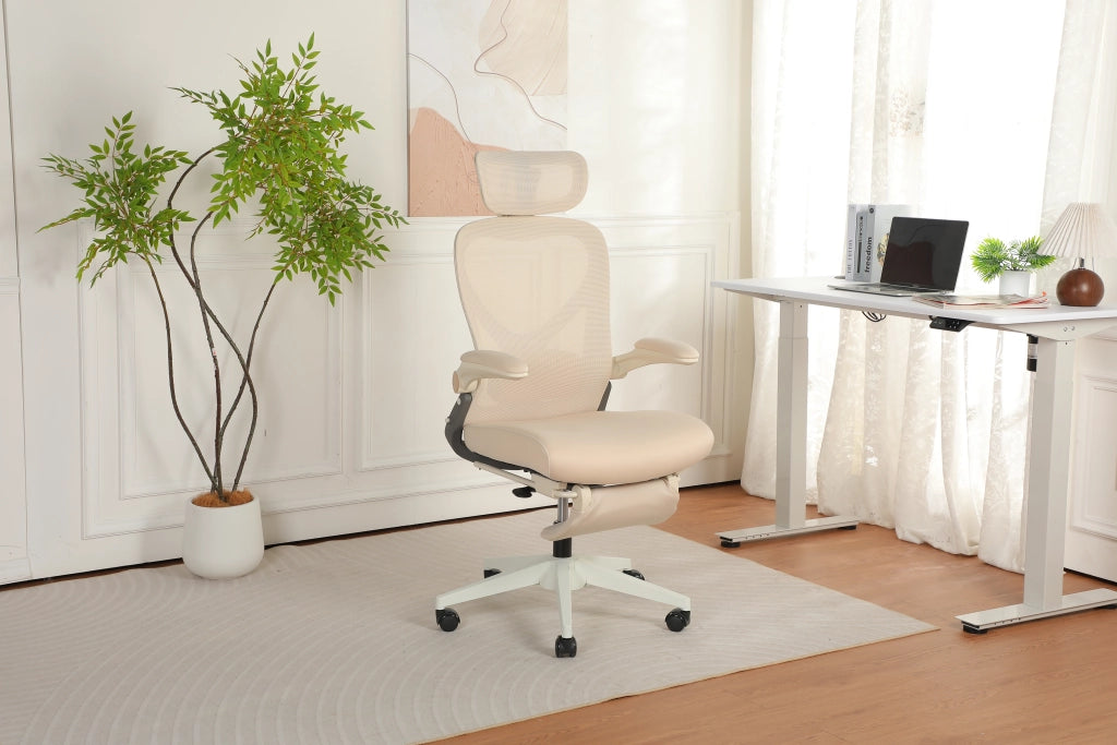 Sedia da ufficio ergonomica pieghevole salvaspazio con poggiatesta 3D, supporto lombare e schienale crema 65 × 61 × 40.5 cm