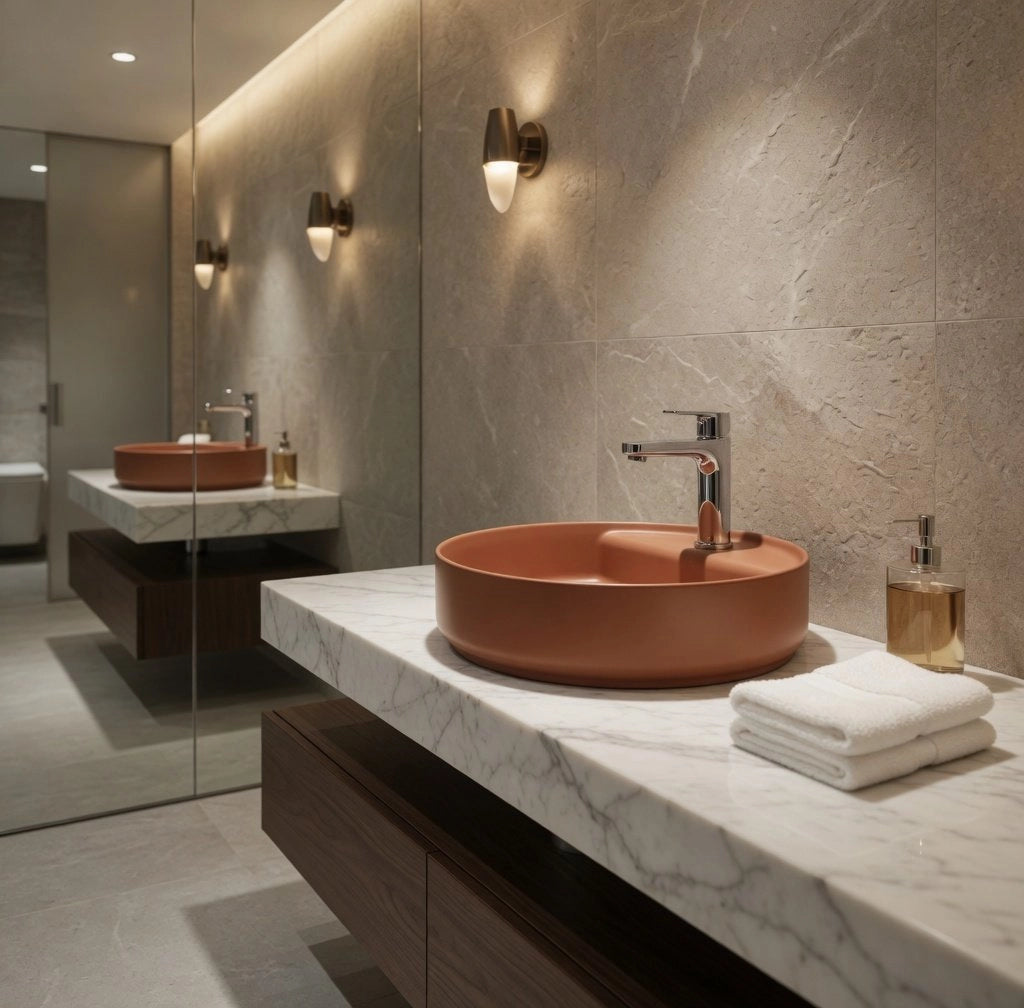 Lavabo tondo da appoggio senza troppo pieno in ceramica con foro rubinetto - Terracotta Opaco