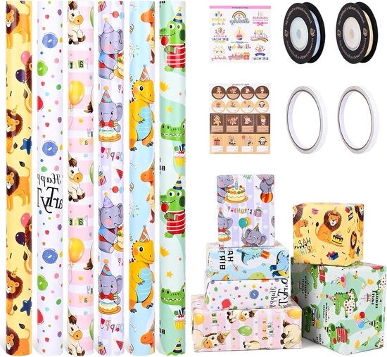 Papier di Confezione 6 Rotoli 43 cm x 300 cm per Ragazzi Ragazze Regalo Riciclabile per Feste di Compleanno per Tutte le Occasioni