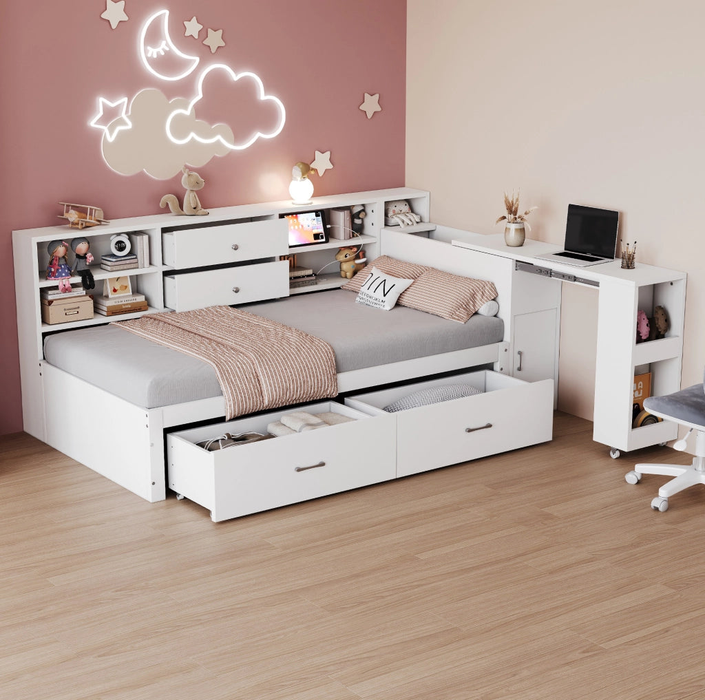 Letto singolo multifunzione 90x200 cm in legno bianco con scrivania estraibile; USB e vani contenitore