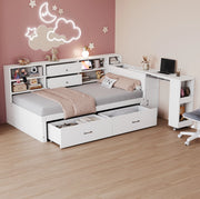 Letto singolo multifunzione 90x200 cm in legno bianco con scrivania estraibile; USB e vani contenitore