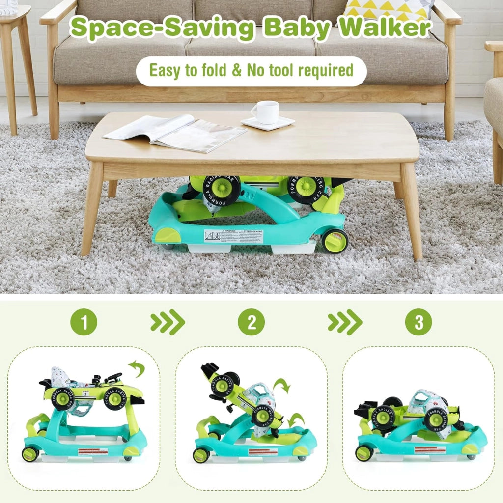 Girello per Bambini 6-18 Mesi, Baby Walker 4 in 1 con Musica e Luci, Primi Passi Piegevole e Portatile, Altezza e Velocità Regolabili, Carrello da Spinta, Forma di Macchinina (Blu + Verde)