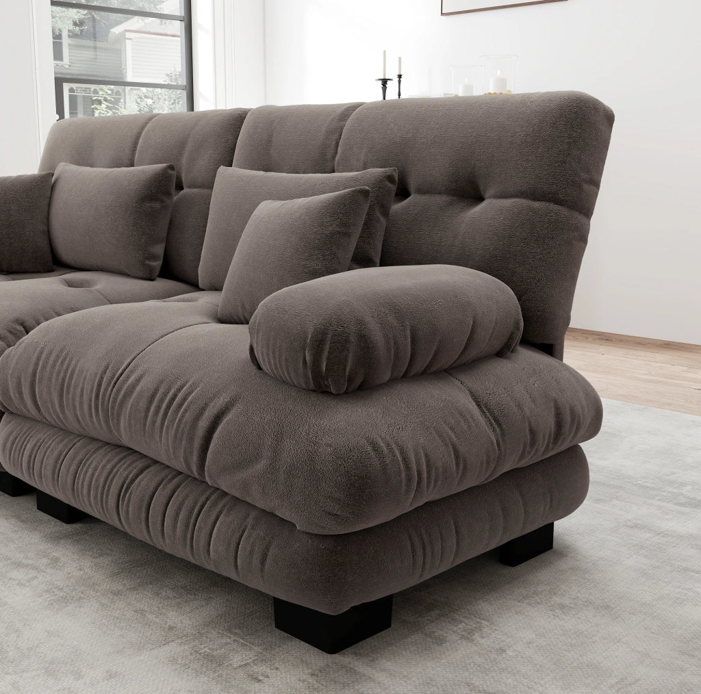 Divano modulare angolare 220x145 cm in ciniglia marrone con ottomane HOMVRA