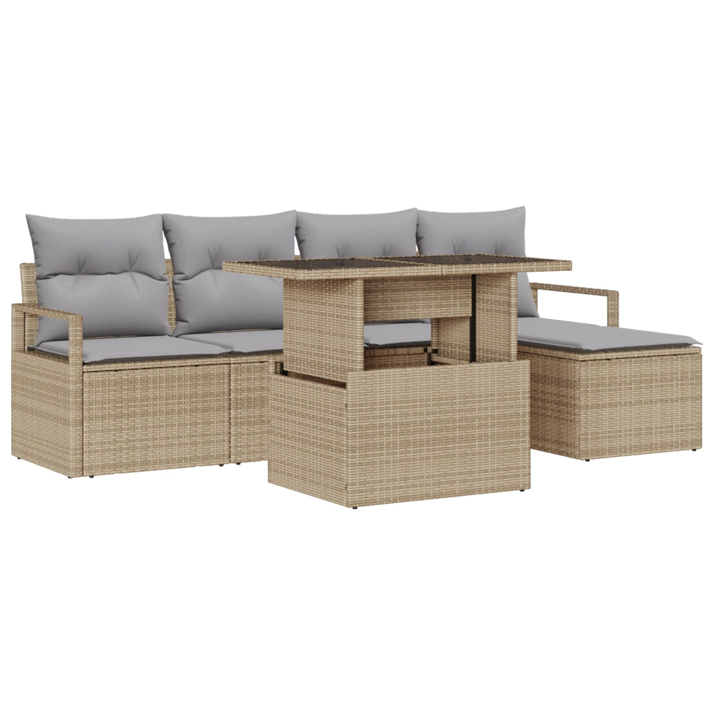 Set Divano da Giardino 6 Pezzi con Cuscini Beige Polirattan