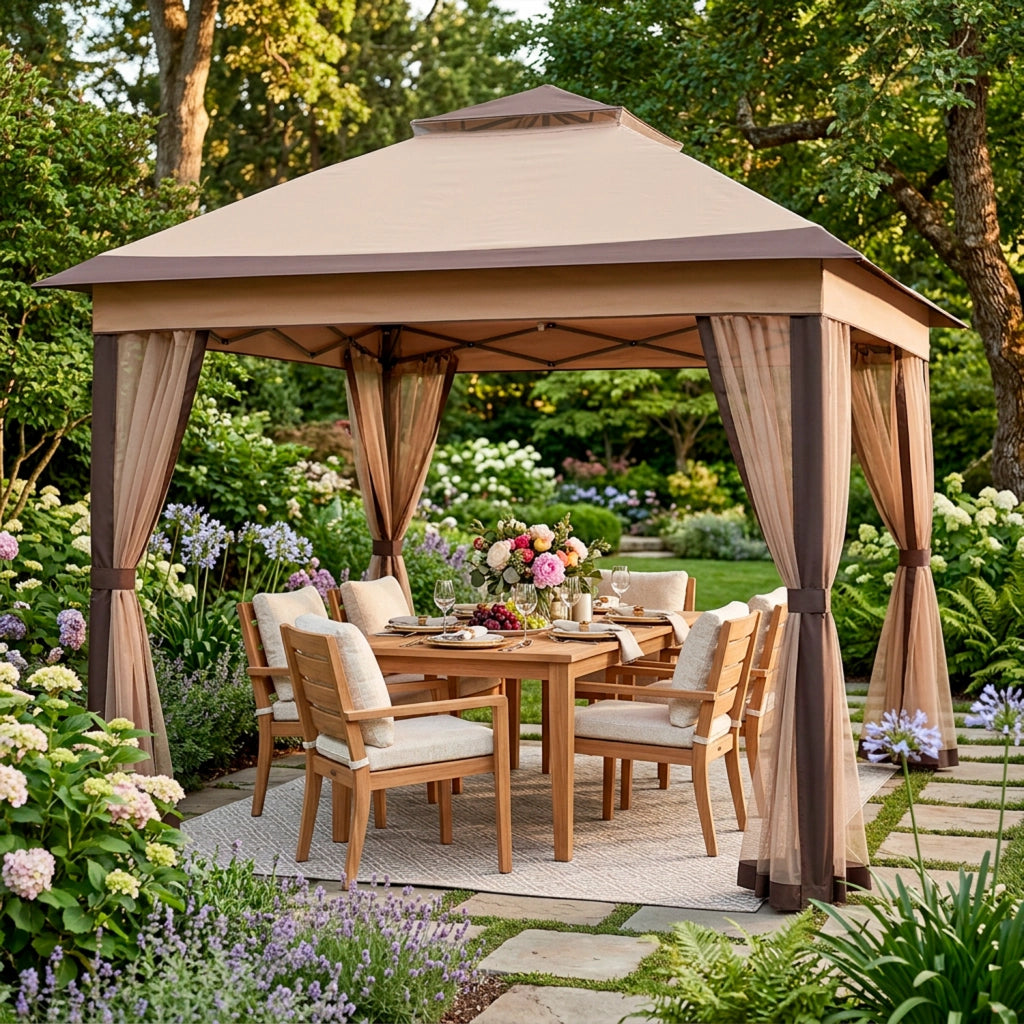 Gazebo Rapido Da Giardino Pop Up 3.33 x 3.33 Metri Altezza Regolabile Da 2.7 A 2.9 M Con Zanzariere Removibili Apertura Rapida E Borsa Trasporto Per Eventi Patio Piscina Campeggio Feste Kaki