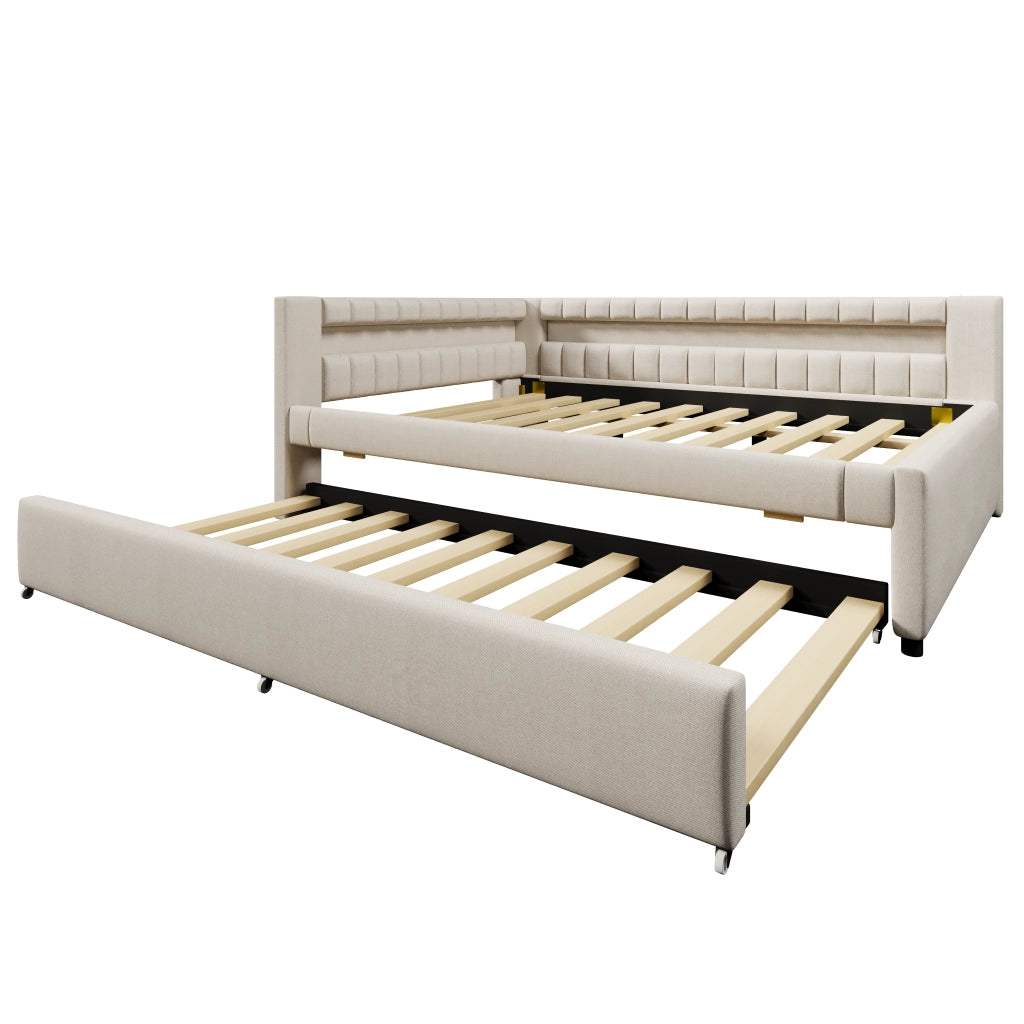 Letto estraibile 140x200 in lino e MDF beige con LED; USB e letto aggiuntivo