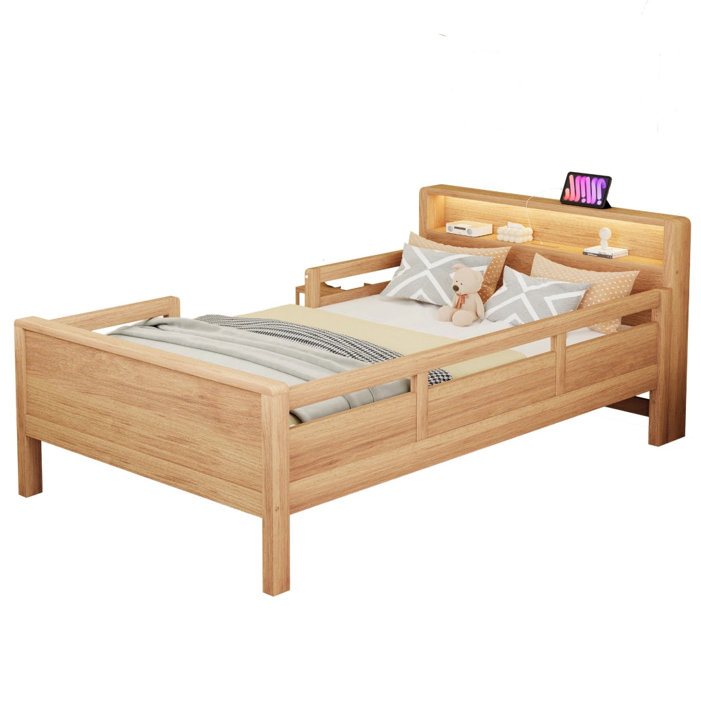 Letto singolo per bambini in legno con LED, USB-C e testiera con vano