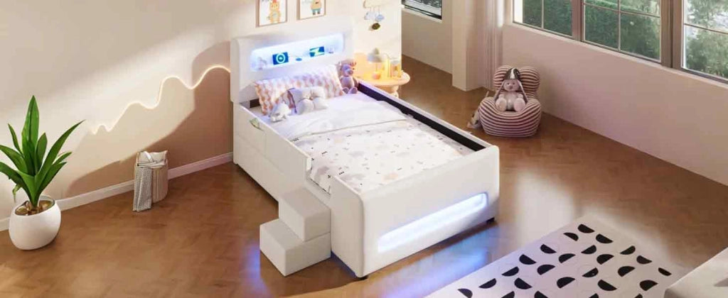 DESMIU Letto singolo 90 × 200 cm con cassetto, luce LED, senza materasso, in PU e MDF, bianco