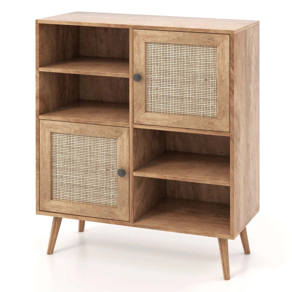 Credenza/mobile contenitore da cucina 80 x 29,5 x 97 cm con 2 ante in rattan stile bohémien moderno legno naturale 20_0020555