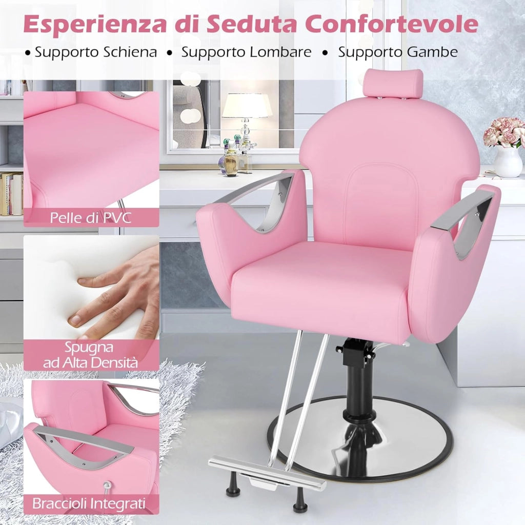 Poltrona da Barbiere Girevole, Sedia da Salone Reclinabile con Altezza Regolabile, Girevole a 360° con Pompa Idraulica, Poggiatesta, Portata 150 kg (Rosa)