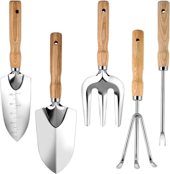 Set di attrezzi da giardino 5 pezzi - Spazzola per giardino in acciaio inossidabile - Lame e strumento per erbacce - Kit di attrezzi manuale con impugnature in legno - per vasi fioriti, orto e piccoli lavori di giardino - regalo ideale - leggero
