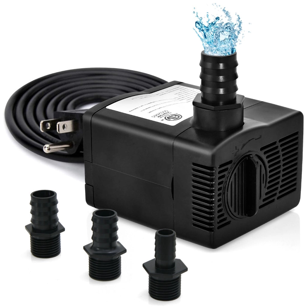 Pompa sommergibile da 1450 L/H, Pompa per fontane con sollevamento di 2,5 metri e 3 ugelli per acquari Nero-Altri animali