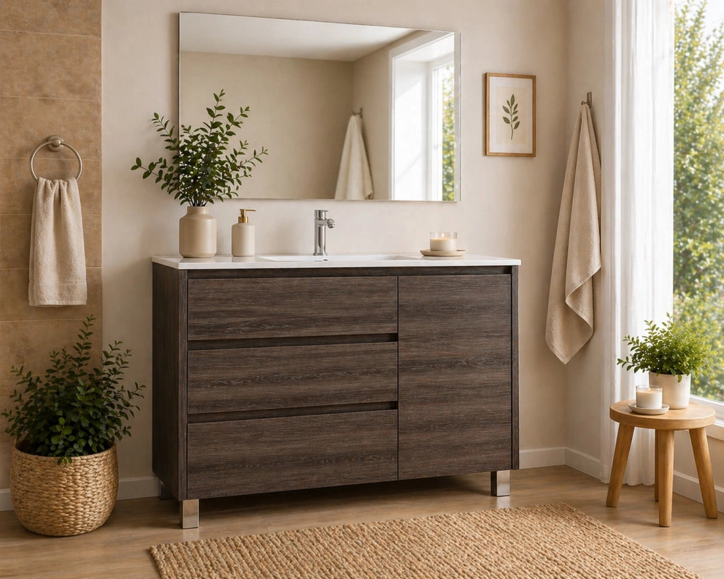 Mobile Bagno VOLUM Già Montato 3 cassetti e porta, lavabo e specchio Frassino tea 80x40 cm