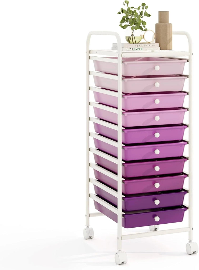 Carrello con 10 Cassetti da Stoccaggio, Cassettiera di Metallo e Plastica, Contenitore Multiuso con Ruote a Freno, per Casa e Ufficio (Viola)