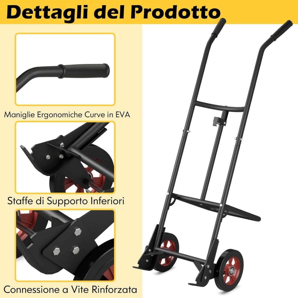 Carrello Porta Fusto, Carrello Porta Fusti con 2 Ruote in Gomma e Impugnature in EVA Ganci a Molla, Capacità di Carico 545 kg