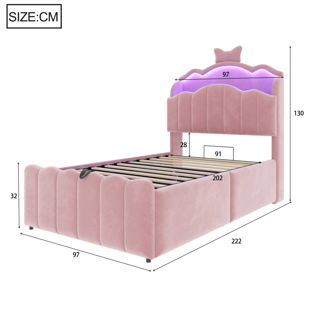 Letto per bambini 90 × 200 cm con contenitore idraulico, USB e Type-C, LED regolabile, sans materasso, en velluto rosa