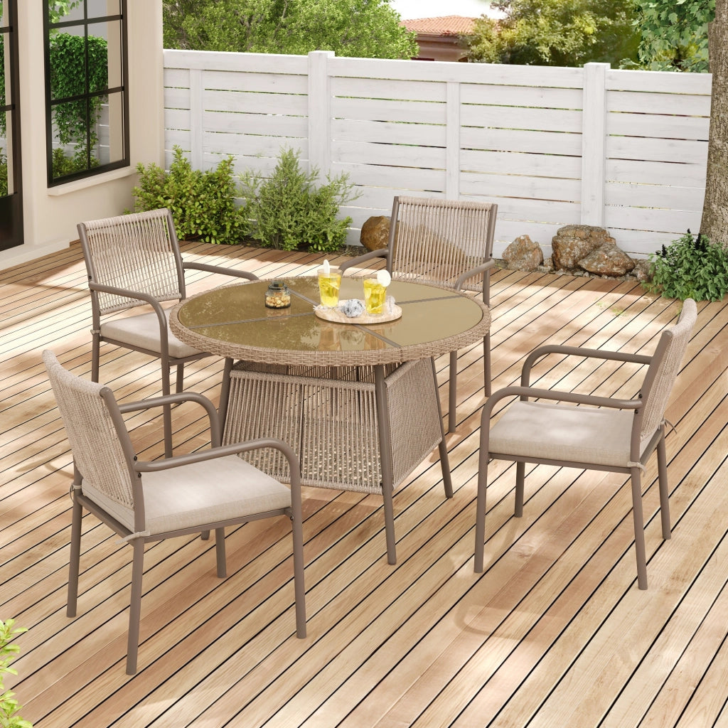 Set salotto polirattan: tavolo rotondo vetro + 4 poltrone; struttura ferro; terrazzo/balcone