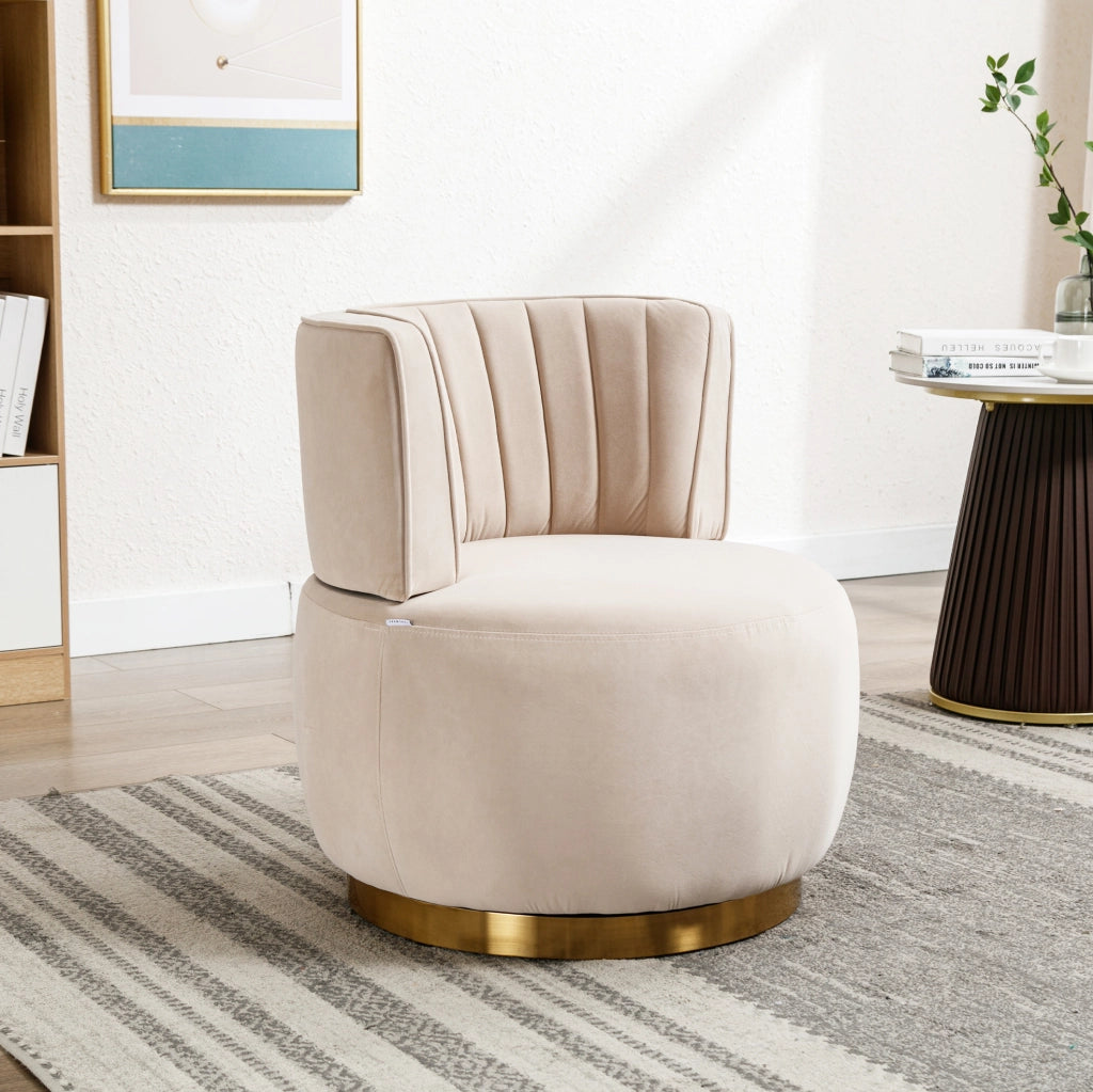 Sedia girevole a 360° in velluto beige; con schienale ergonomico e base in legno e metallo