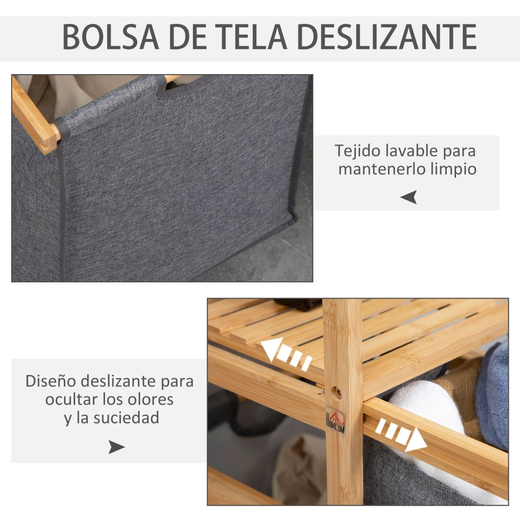 Cestino per Biancheria in Bamb¨´ con 2 Sacchetti e Ruote ¨C Zephmum ¨C Grigio 42x35x84,5 cm