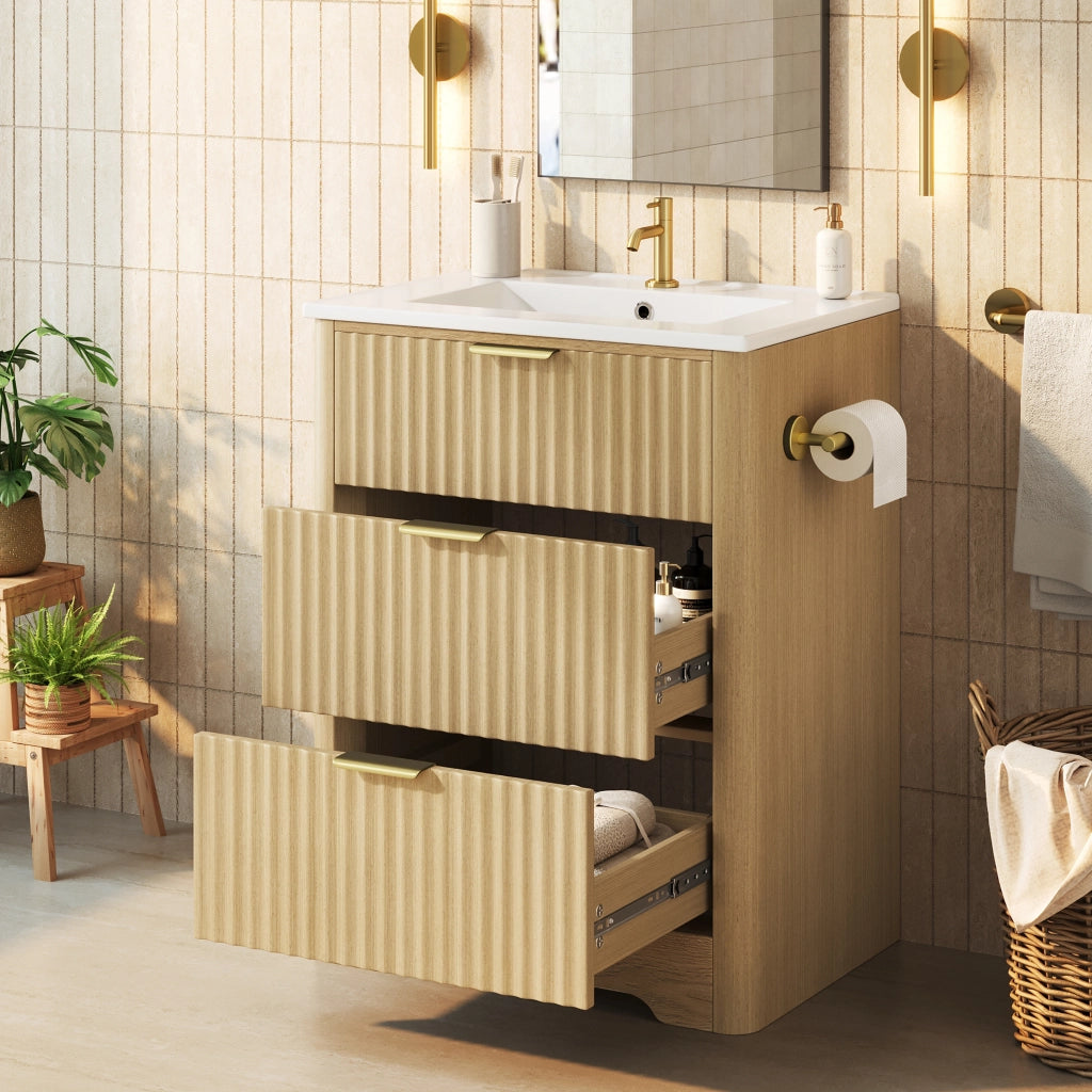 Mobile sottolavabo con lavabo in ceramica, 2 cassetti e portarotolo reversibile, per bagno, in MDF, naturale, 61 × 47 × 82 cm