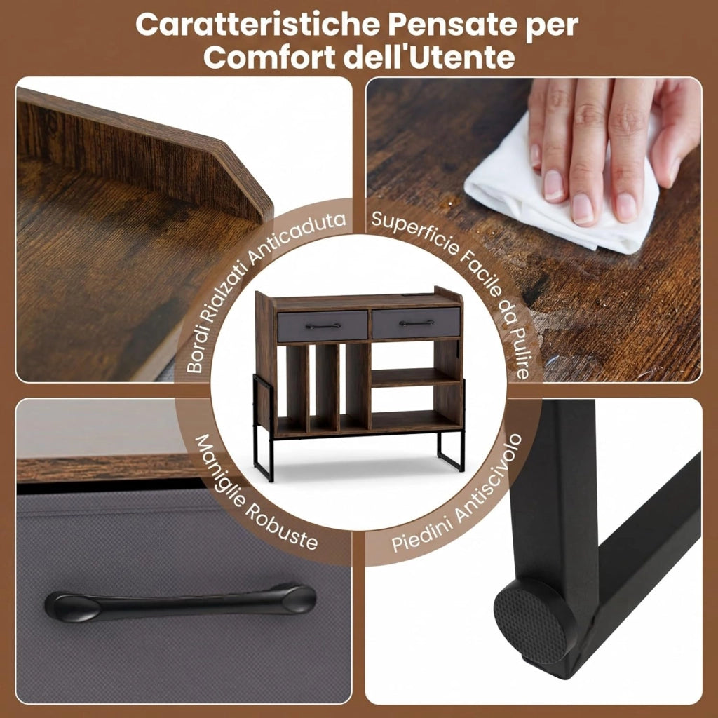 Supporto per Giradischi in Vinile, Mobile per Giradischi con Stazione di Ricarica, 2 Cassetti Rimovibili in Tessuto e Ripiano Regolabile, Supporto Porta Dischi Vinile per Soggiorno, Studio